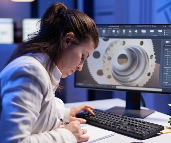 Woman engineer architect working in modern cad program Woman engineer architect working in modern cad program sitting at desk in start-up business office. Industrial employee start new prototype idea on computer using inovative design concept